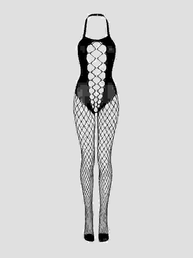 Lovehoney Fishnet Criss-Cross Cut-Out Bodystocking, Black, hi-res